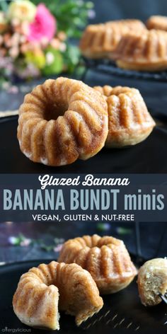 glazed banana bundt minis on a black plate with flowers in the background and text overlay