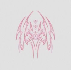 a drawing of an intricate design with hearts and wings in pink on a white background