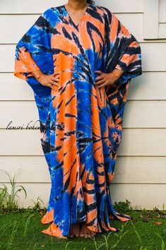 "🌈 Tie Dye Kaftan Dress, Loose Fit Tie Dye Dress, Hippie Tie Dye Kaftan, Tie Dye Clothing, Oversize Kaftan Dress, Tye Dye Caftan Dress Measurement and detail: 👉Fabric: 100% Breathable and Comfy Rayon 👉Method: Hand Dyed 👉Size: One Size Fits Most (M-4XL) Extremely comfy 👉Boho/Hippie /Festival/Beach/Tropical/Fancy/UniqueTheme 👉Length of Dress: 55\" 👉Width of Dress: 45\" 👉Bust 60\"-90\" 👉The back is identical to front pattern 👉Great for wearing while doing arts, crafts, relaxing at your ho Casual Hand Dyed Kaftan For Beach, Hand Dyed Dresses For The Beach, Hand Dyed Dresses For Beach, Beach Dresses Hand Dyed, Casual Hand-dyed Kaftan For The Beach, Blue Hand-dyed Beach Dress, Hand-dyed Blue Beach Dress, Beach Tie-dye Free Size Kaftan, Spring Tie Dye Kaftan For Beach Cover-up