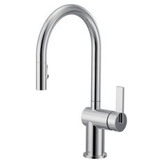 the faucet is shown in stainless steel and features a pull out spout