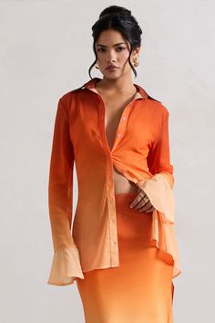 Tahiti Orange Ombre Flared-Sleeve Shirt – Club L London - USA Orange Collared Tops For Summer, Peach Short Sleeve Blouse For Summer, Peach Short Sleeve Summer Blouse, Orange Collared Summer Blouse, Summer Orange Shirt With Relaxed Fit, Summer Orange Shirt Relaxed Fit, Relaxed Fit Orange Shirt For Summer, Peach Short Sleeve Shirt For Summer, Casual Peach Summer Shirt