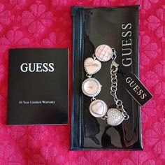 Guess Pink Enamel Heart Charm Bracelet Watch Like New Condition Size 9" Length Water Resistant Stainless Steel Back Adjustable Includes Original Guess Watch Pouch No Batteries Charm Bracelet Watch, Guess Watch, Pink Enamel, Heart Charm Bracelet, Heart Charm, Accessories Watches, Bracelet Watch, Batteries, Charm Bracelet