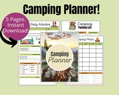 the camping planner is shown with text that reads 5 pages instant printable and includes an image