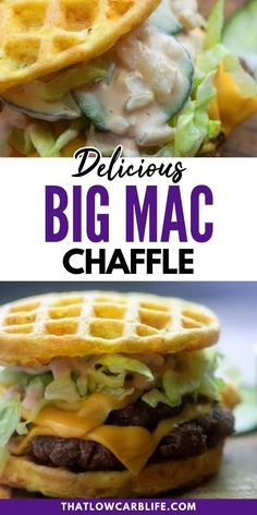 two pictures with the words delicious big mac and waffles on them, in front of