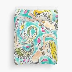 a drawing of mermaids and fish on a blue background duvet cover with pillow cases