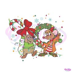 two cartoon characters are dancing together in front of snowflakes and candy canes