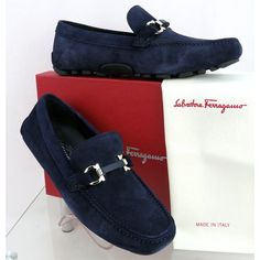 Salamanca Navy Suede Gancini Bit Moccasin Driving Loafers By Salvatore Ferragamo Made In Italy 100% Authentic, Guaranteed! Size: Us 8.5 Ee Color: Blu Garcon (Print On The Box) Suede Upper Leather And Silver Tone Metal Gancini Bit At Front Squared Moc Toe Leather Lined Logo Stamped Removable Leather Insole Rubber Sole With Signature Logo Note !!! These Shoes Came From Ferragamo Brand Name Store In Its Original Box. They Are New But They Are In-Store Item And It’s Possible That Somebody Tried Them Elegant Blue Slip-on Moccasins, Formal Blue Moccasins With Suede Lining, Navy Suede Loafers For Formal Occasions, Blue Moc Toe Moccasins For Formal Occasions, Elegant Blue Moc Toe Loafers, Elegant Suede Boat Shoes With Leather Sole, Designer Slip-on Moccasins With Suede Lining, Elegant Blue Moccasins With Leather Sole, Elegant Navy Leather Loafers