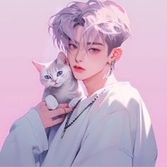 a person holding a cat in their hand with a pink sky behind them and a purple background