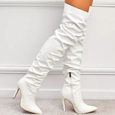 For all your sudden meetup plans, these boots are here to slay. These daring above-the-knee boots entice everyone with the classic style featuring a fitted zipper shaft. The slip-on style is further elevated with a pointed toe and slim high heels. Styling Tips:Pair it with a mini dress or skirt to let the shoe stand out. Color: White, Beige, RedMaterial: Patent Leather Heel Type: Thin Heel Heel Height: 11cm Embellishment: None Shaft: StretchyImportedUpdate: This product is in high demand so you Flats Boots, Bota Over, Pointed Shoes, Leather Thigh High Boots, Boots Heel, Zippers Fashion, Super High Heels, Point Shoes, Boots Sneakers