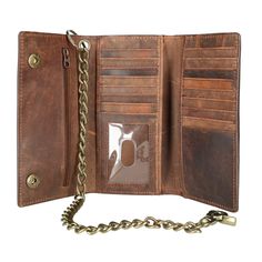 This long wallet has a beautiful finish, creating an overall soft hand. Similar to the size of a checkbook, the interior is able to contain a large number of slots to organize your cash, cards and ID. The RFID blocking technology is helpful to protect against fraud and identity theft. The chain can be attached to your pants as another added protection to keep it securely in place when on the go Made of Leather Classic Brown Wallet On Chain For Daily Use, Classic Wallet On Chain With Card Slots For Travel, Rectangular Leather Wallet On Chain With Card Slots, Classic Bifold Wallet On Chain With Card Slots, Brown Leather Wallet On Chain With Card Slots, Everyday Bifold Wallet On Chain With Card Slots, Man Bags, Crazy Man, Chain Wallet