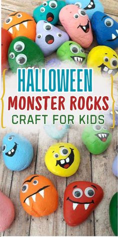 halloween monster rocks craft for kids with text overlay that reads, halloween monster rocks craft for kids