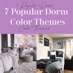 the top 7 popular dorm color themes for girls and boys in their bedroom, with text overlay