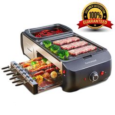 an electric grill with food cooking in it