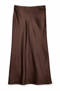 Satin Midi Skirt Brown Midi Skirt For A Night Out, Brown Midi Skirt For Night Out, Brown Lined Pencil Maxi Skirt, Flowy Satin Skirt For Fall, Brown Relaxed Midi Skirt, Brown Flowy Midi-length Skirt, Flowy Brown Midi Skirt, Satin Skirt For Fall, Midi Skirt Brown