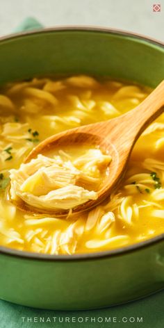 a wooden spoon in a green pot filled with chicken noodle soup and broth