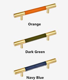 four different colors of handles and pulls on a white background with the words orange, dark green, navy blue