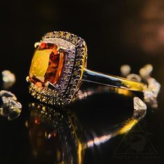 SAME DAY SHIPPING!!! An elegant, sparkling deep orange beauty, this solid 10k rose gold cushion cut madeira citrine and diamond double halo ring is sure to impress all who gaze upon it. It is approximately a size 7.5. It houses 48 shimmering diamonds and one 8mmx8mm citrine! The outer halo is black Ruby Engagement Ring Gold, April Birthstone Ring, Double Halo Ring, Blue Sapphire Necklace, Ring Square, Ring Cushion