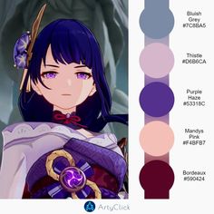 an anime character with blue hair and purple eyes is shown in the color palettes