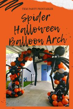 an orange and black spider balloon arch with the words spider halloween balloon arch