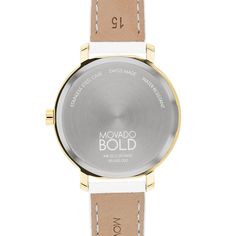 Achieve a modern, sophisticated look with this ladies' Movado Bold® Evolution white leather strap watch. Circular textured gold-toned dial, two hands, signature dot marker at 12 o'clock 34.0mm gold-toned ion-plated stainless steel case with mineral crystal Swiss quartz movement White leather strap; buckle clasp Water resistant to 30 meters We are an authorized Movado dealer Movado Bold, Dot Markers, Leather Strap Watch, Gold Texture, Minerals Crystals, Quartz Movement, Stainless Steel Case, White Leather, Two Hands