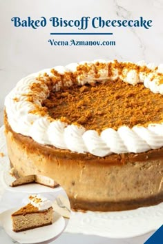 an image of a cake on a plate with the words baked biscoff cheesecake