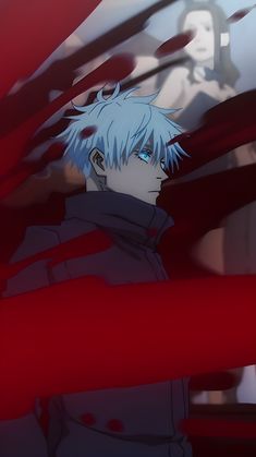 an anime character with blue hair standing in front of some red lines and looking at the camera