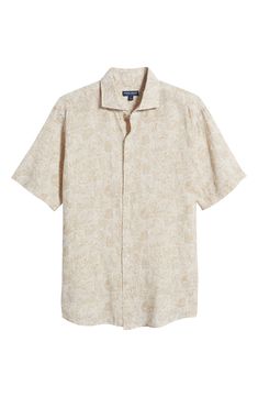 A custom seashell print highlights a button-up sport shirt crafted from breathable linen and cut with a shorter length perfect for casual untucked wear. 29" length, 44" chest (size medium) Front button closure Spread collar Short sleeves 100% linen Machine wash, dry flat Imported Beige Printed Shirt With Relaxed Fit, Printed Relaxed Fit Linen Tops, Printed Short Sleeve Linen Shirt, Printed Linen Short Sleeve Shirt, Printed Linen Beach Top, Printed Linen Tops For The Beach, Printed Linen Tops For Beach, Short Sleeve Linen Shirt With Floral Print, White Linen Shirt With Floral Print