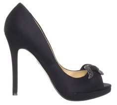 Black Satin Jewel Accent Half Bow Peep-toe Pumps side view. Black Satin