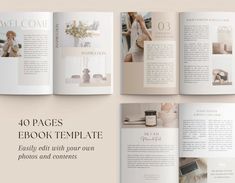 an open brochure with photos and text on it that says, 40 pages ebook template