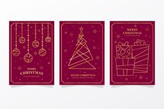 three christmas cards with gold foil and red paper on the front, one has an orname