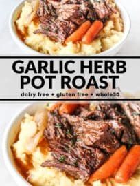 two bowls filled with mashed potatoes and carrots next to the words garlic herb pot roast