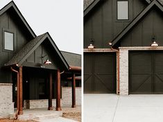 two pictures of a house with garage doors and brick pillars on the side of it