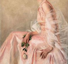 a painting of a woman in a pink dress sitting on a chair with a flower