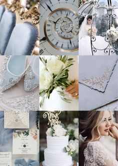 a collage of wedding photos with blue and white colors, including the bride's dress