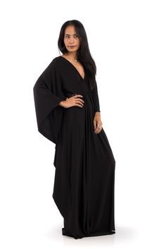 Black Maxi Dress  Kaftan Kimono Butterfly Dress: Funky Evening Maxi Dress With Batwing Sleeves, Elegant Black Dress With Kimono Sleeves, Elegant Evening Maxi Dress With Batwing Sleeves, Black Bohemian Maxi Dress For Party, Elegant Flowy Black Kaftan, Elegant Black Flowy Kaftan, Black Floor-length Abaya For Party, Bohemian Black Evening Abaya, Black Flowy V-neck Maxi Dress