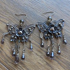 Hematite Droplet Butterfly Earrings Measure 2 1/4 X 3” Drop. Really Pretty. New. Dangle Chain Earrings, Whimsigoth Earrings, Whimsigoth Jewelry, Hoco Jewelry, 90s Witch, Butterfly Accessories, Egyptian Earrings, Cottagecore Earrings, Steampunk Stuff