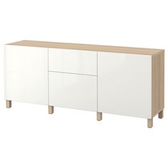 a white and oak colored sideboard with three doors, two drawers and one door