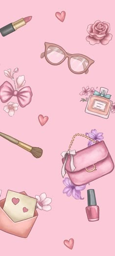 a pink background with many different items on top of it, including a purse and sunglasses