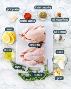 the ingredients for chicken legs on a cutting board