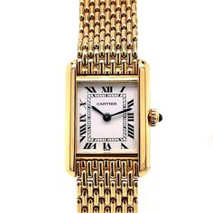 Cartier Tank Louis Cartier 18K Yellow Gold Grain De Riz Mesh Bracelet | Twain Time Louis Moinet Watch Women, Cartier Gold Watch, Tank Louis Cartier, Cartier Tank Louis, Cartier Tank Solo, Michael Kors Lexington, Cartier Gold, Gold Watch Men, Cartier Tank