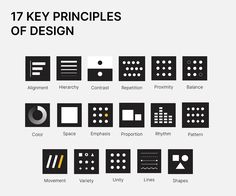 the 17 key principals of design are shown in black and white, with different colors