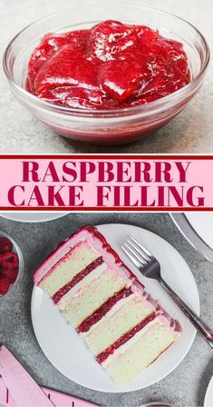 raspberry cake filling in a glass bowl on top of a white plate with fork and spoon