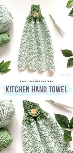 crocheted kitchen towel with green leaves around it and the text, free crochet pattern