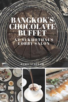 the cover of bangkok's chocolate buffet, featuring various desserts and coffee cups