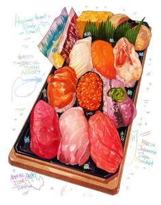 a painting of different types of sushi on a wooden tray with writing around it