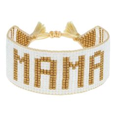 HART Mama Bracelet on Chairish.com Mama Bracelet, White Beads, Matte Gold, Gold Beads, Costume Jewelry, Mother's Day Gifts, Mothers Day, Glass Beads, Sparkle