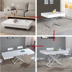 four different views of a white table with chairs and a couch in the back ground