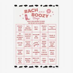 a red and white poster with the words bach and boozy written in black on it