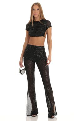 Ada Sequin Two Piece Pant Set in Black | LUCY IN THE SKY Tie Outfit For Women, Bachata Outfit, Sequin Two Piece, Black Tie Outfits, Sparkly Pants, Fringe Romper, Sequin Pant, Sheer Pants, Pu Leather Skirt