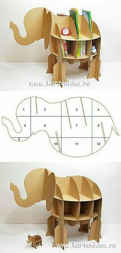 an elephant shaped book shelf made out of cardboard and cut into smaller sections to make it